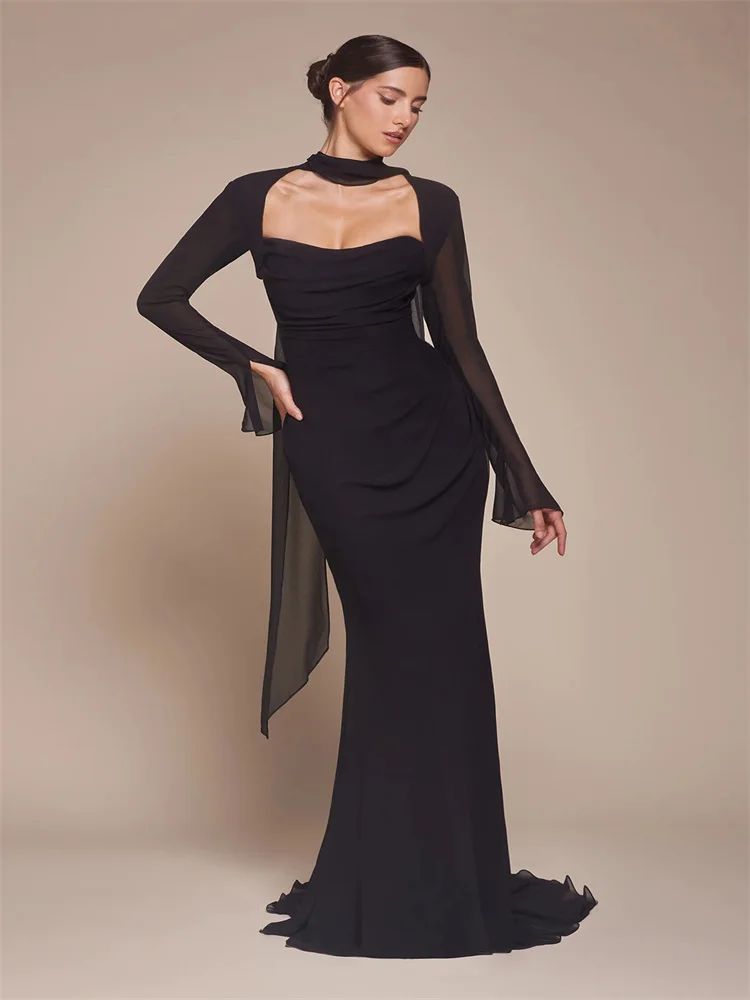 

Hot Selling Strapless Scoop Neckline Removable Long-Sleeve Jacket Chiffon Evening Dress Back Zipper Floor Length Gown For Women