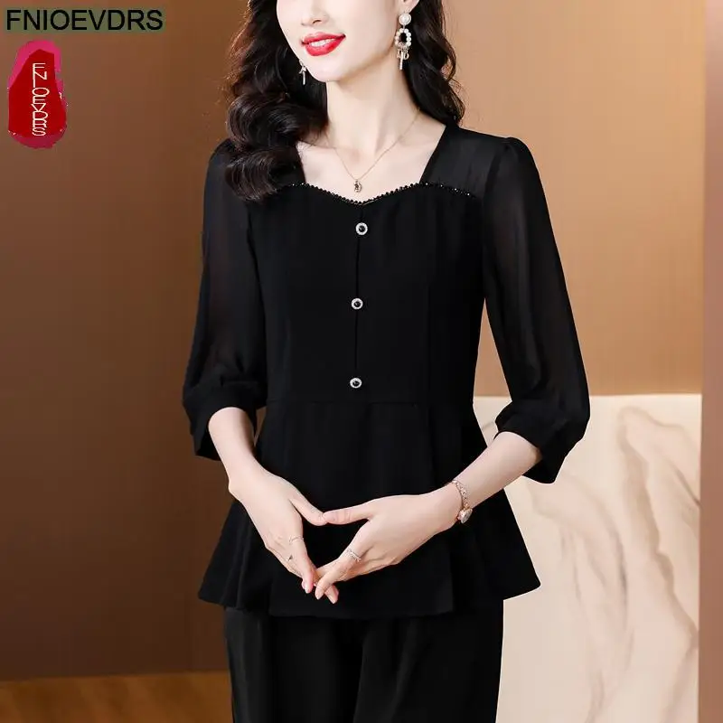 Square Neck Top 2024 Office Women European Fashion Elegant Button Sheer Black Shirt Casual Tunic Belly Peplum Tops And Blouses