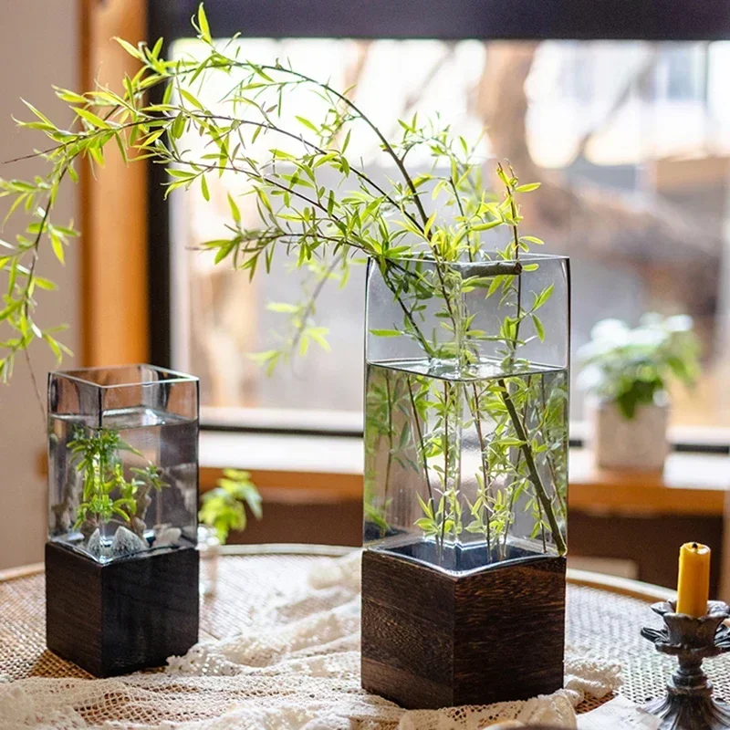 

% скандинавская стеклянная ваза с деревянным основанием, цветочный горшок, кашпо для гидропонных цветов, искусственные сушеные цветы, домашний офис, декор стола