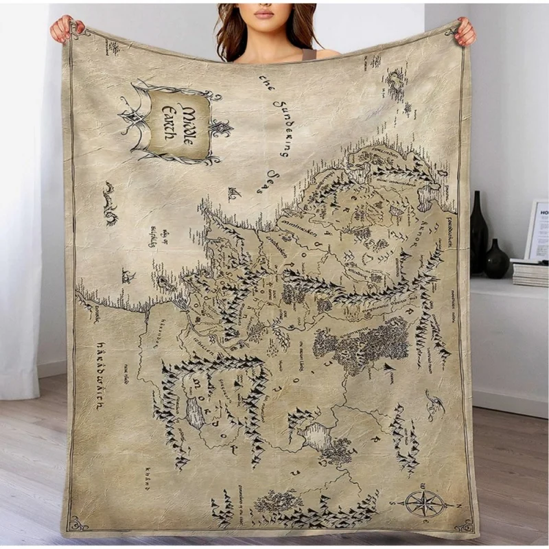 Vintage Middle‑earth Map Throw Blanket, Retro Fantasy World Map Printed Soft Warm Blanket for Sofa Bedroom Decor