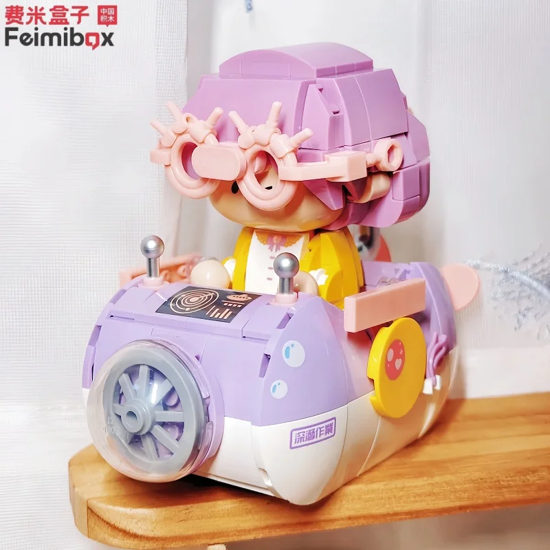 Feimibox montagem de veículos blocos de construção brinquedos bonitos ornamentos de mesa apresenta coleção quebra-cabeça pequena cena modelo tijolos