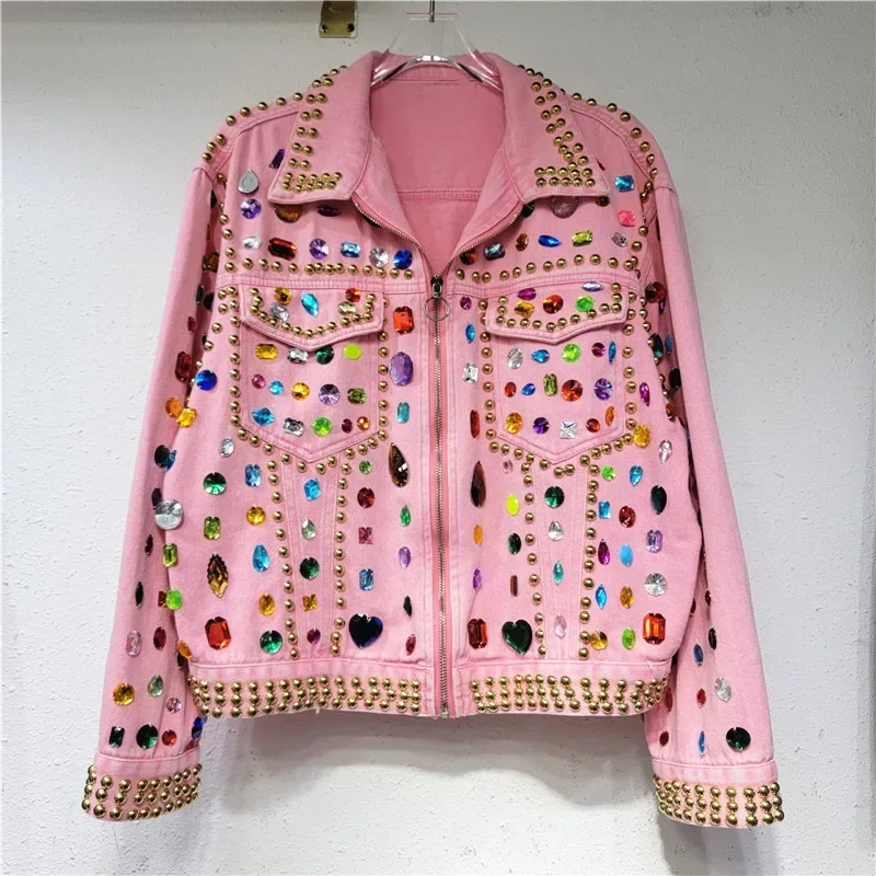 

Women Design with A Western Feel Rainbow Diamonds Pink Denim Coat Loose Zipper Lapel Long Sleeve Jacket Crystal Rivets Tops