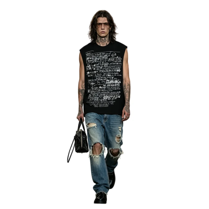2026 Men Black Hand Drawn Graffiti Letter Print Sleeveless Tank Top Loose Heavyweight Casual Street Fashion Cut Off Outdoor Top