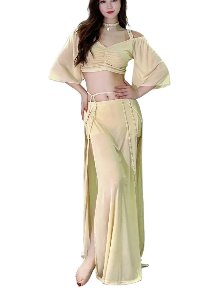 

Belly Dance Sexy Costumes 2 Pieces Set Top & Skirt Wearing Outfit for Women Stage Performance Dancing Suit Practice Clothes