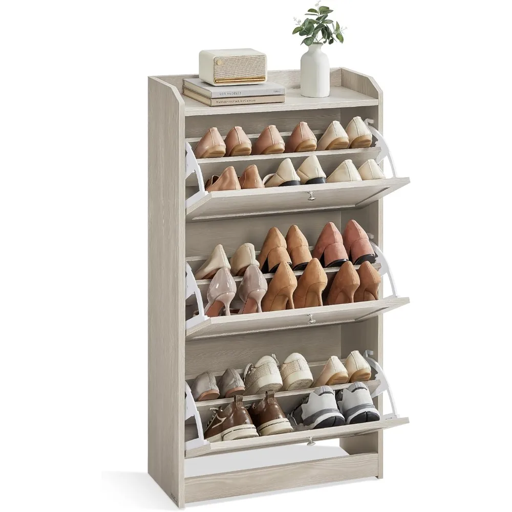 

Shoe cabinet with 3 flip drawers, adjustable and detachable dividers, capable of accommodating up to 18 pairs of shoes