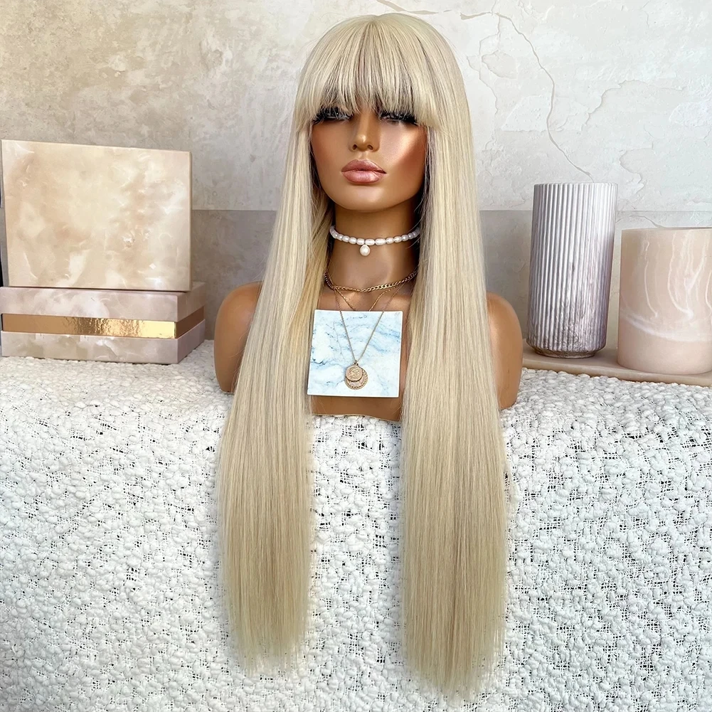 MXWIG  Blonde Fringe Bang Straight Preplucked Soft  Synthetic Glueless 13X4 Lace Front Wig For Fashion Women Hair Cosplay Party