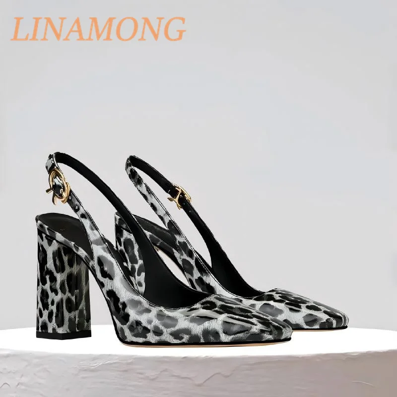 

Lacquered Square Toe Thick Heel Pump Simple Buckle and Shallow Mouth Empty Back Printed Design Temperament High Heels