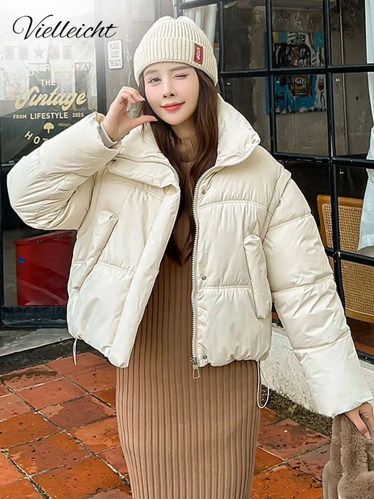 Vielleicht 2024 New Casual Cropped Stand Collar Womens Winter Puffer Jacket Clothes Detachable Sleeves Short Parkas Coat Outwear