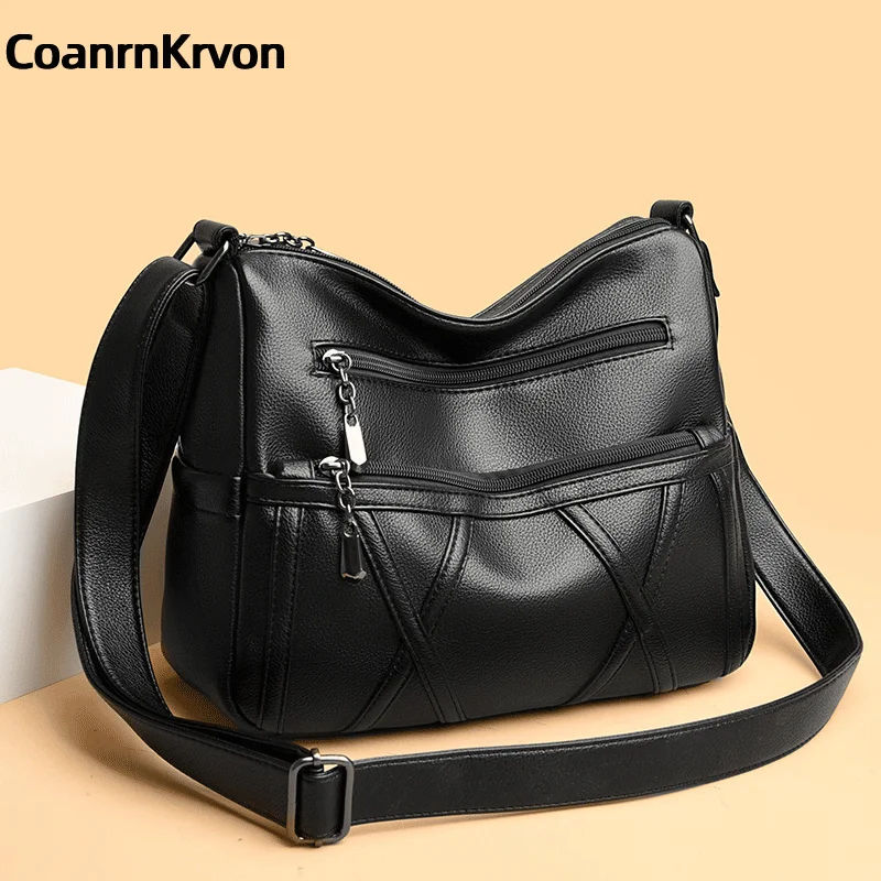 New 2024 Leather Black Crossbody Bag Women\'s Trendy Portable Gift Mom Bag Large Capacit Soft Multiple Layers Pockets Commuterbag