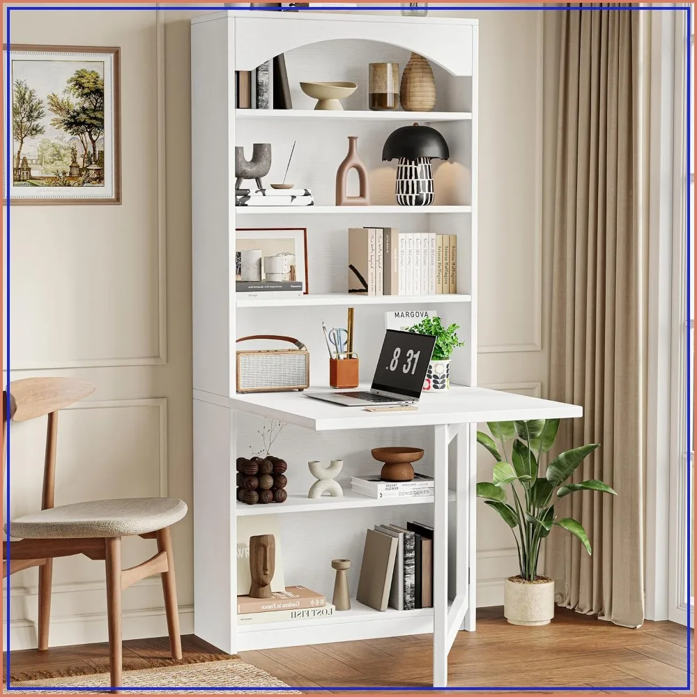 Folding Desk with Storage, Space-Saving Wall Mount Computer Desk for Home Office, White