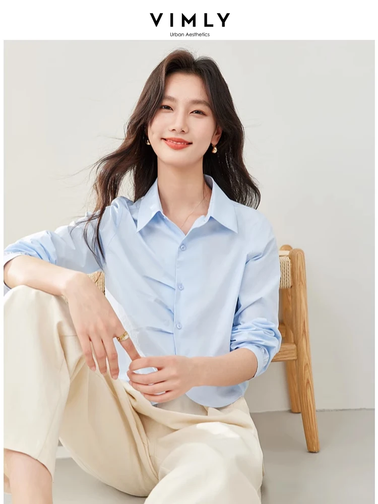 Vimly Cotton 100% Cropped Shirts for Woman 2024 Spring  Long Sleeve Tops Women Fold Button Down Casual Shirts & Blouse M5870