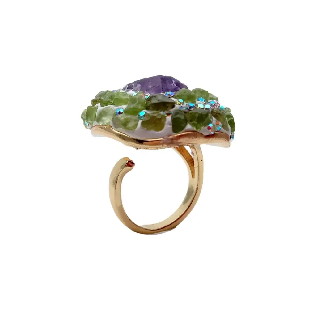 Y·YING Natural Amethyst Rough Raw Peridot Finger Rings Anniversary Women Jewelry Adjustable