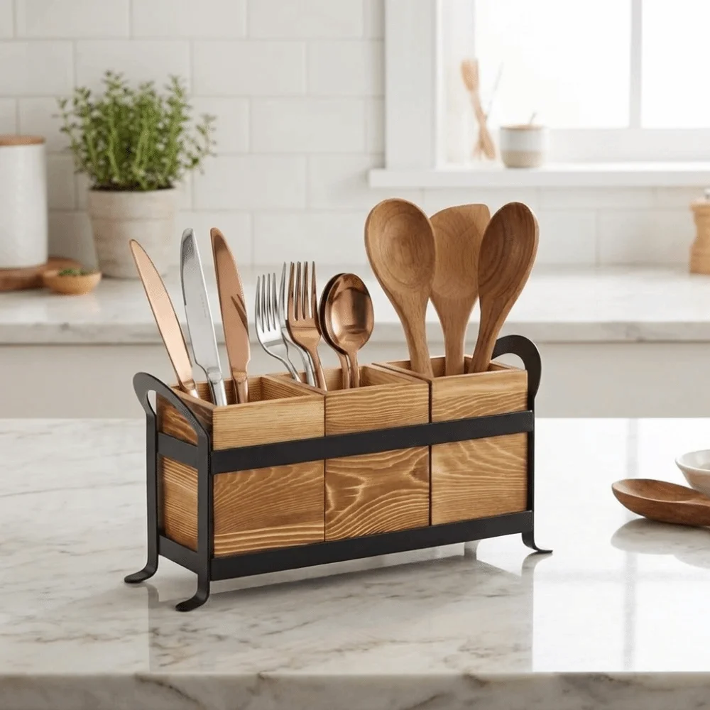 Rustic Wooden 3 Compartment Cutlery Holder Large Capacity with Handle Tableware Storage Box Space Saving Utensil Holder Desktop