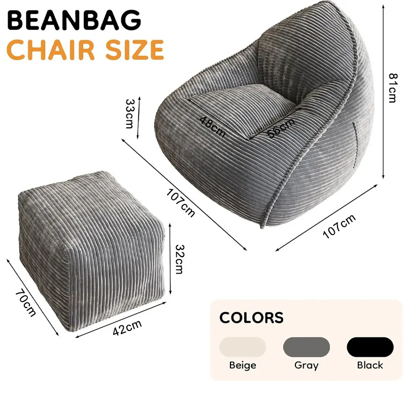 Vacuum-Compressed Corduroy Large Bean Bag Chair with Footrest, Memory Foam & EPS Beads Filling, Lazy Sofa for Living Room