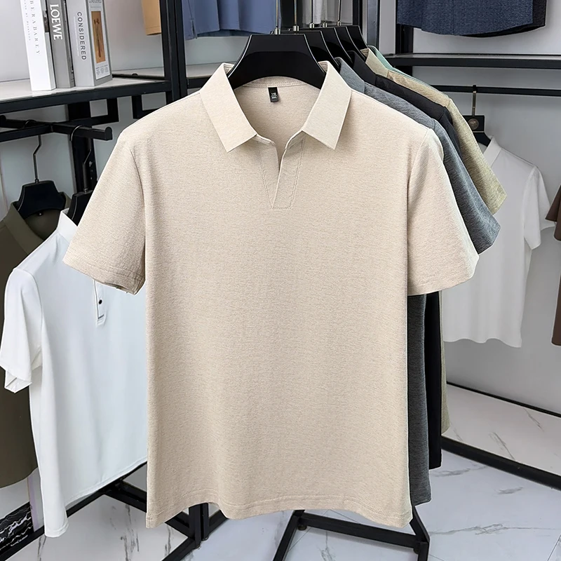 Herren Kurzarm-Poloshirts, einfarbig, ohne Knöpfe, V-Ausschnitt, schmal geschnitten, leicht, knitterfrei, modische Alltags-Tops für Männer – Detail 15