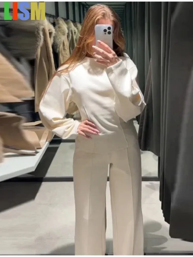 

LISM зимний женский наряд, комплекты из двух предметов, однотонный свитшот с круглым вырезом и длинными рукавами, свободный эластичный пояс, прямые брюки, костюм 2021, женский