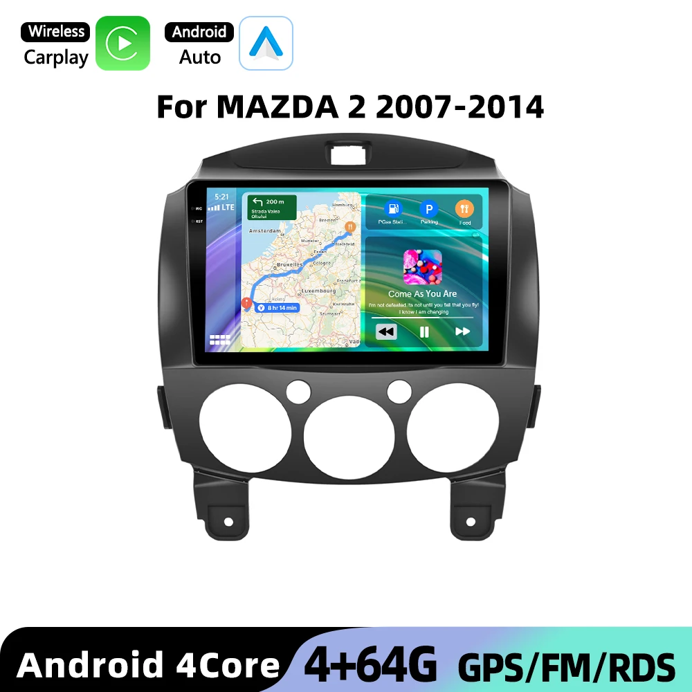 Podofo Auto Radio voor MAZDA 2 2007-2014 Draadloze CarPlay Android Auto Multimedia Stereo WIFI GPS 2din Radio FM/RDS BT