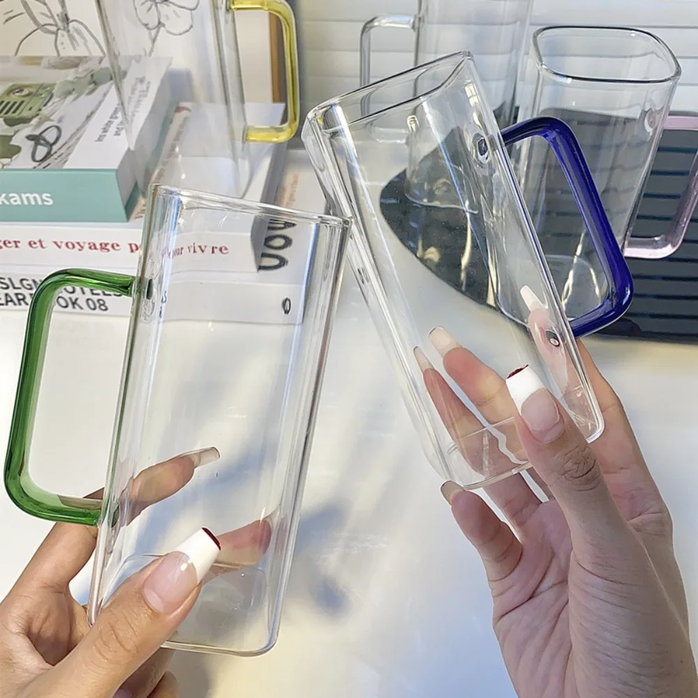 

Couple Gifts Square Transparent Glass Cup With Lid Milk Tea Juice Glass Heat Resistant Coffee Cup Home Bar