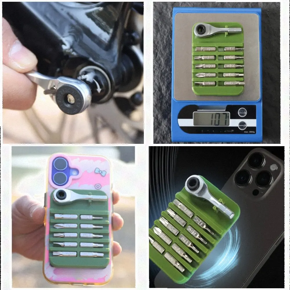 12-Piece For Bike Ratchet Wrench Set with Magnetized Bit Storage and Phone Holder 3D Printed Shell 6.5x8.9cm Carbon Steel