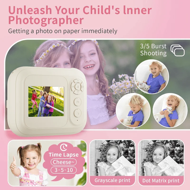 Fotocamera con stampa istantanea per bambini, fotocamera per bambini per fotocamera digitale HD 1080P da 5-1, 32 MP con 3 rotoli di carta per stampante