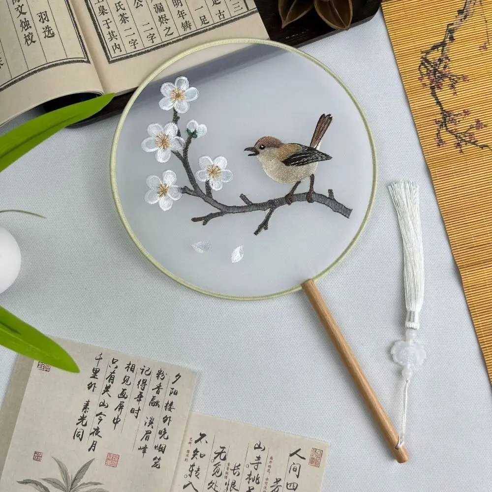 

Chinese Style Double Sided Embroidery Fan Semi-Transparent Classical Embroidery Round Fan with Tassel Long Handle