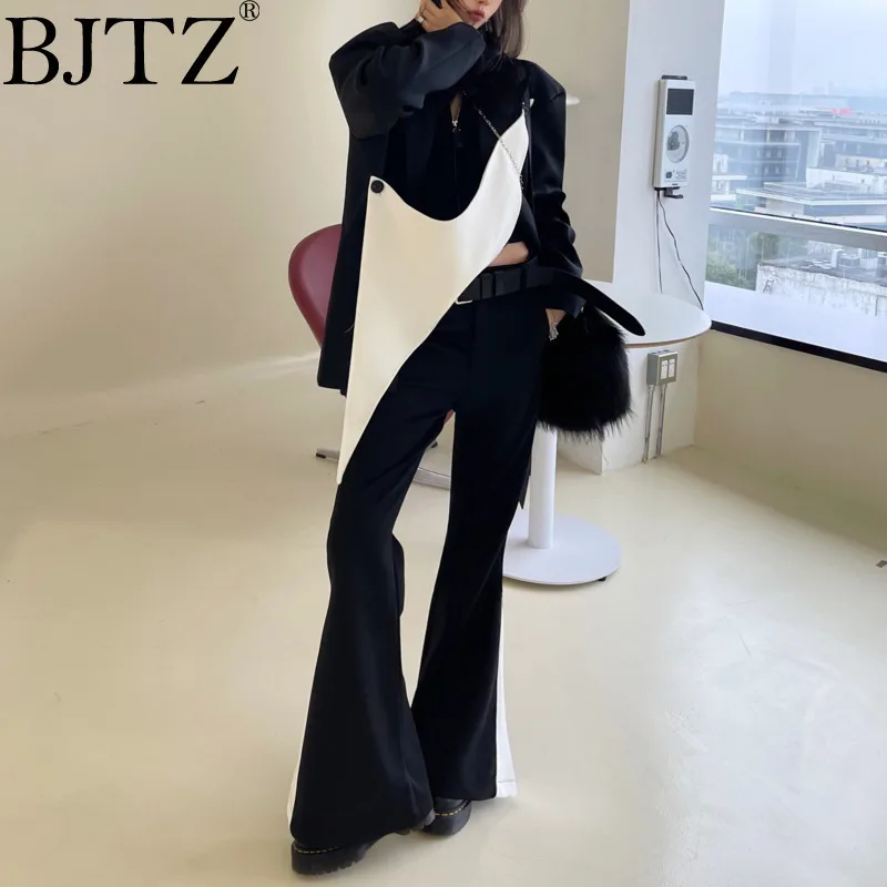 

BJTZ Fashion Black White Contrast Color Designer Blazer Jacket For Women Wide Leg Loose Versatile High Waist Straight Trousers