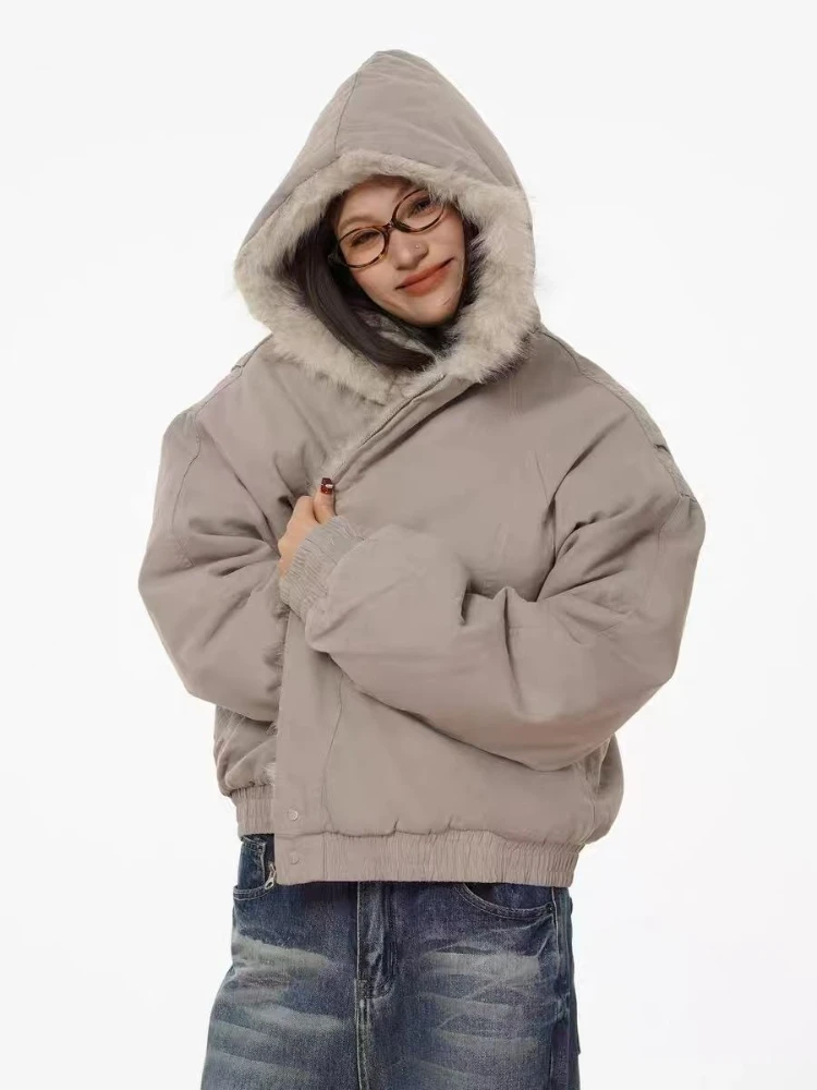 

Y2k Американская винтажная короткая куртка с длинным рукавом и капюшоном, женская повседневная однотонная куртка с воротником из искусственного меха, ретро-молния, осень 2023 г.