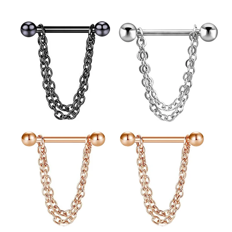 

TIANCIFBYJS New Arrival Heart chain rose gold nipple rings for women tongue piercing jewelry straight tongue barbell bar