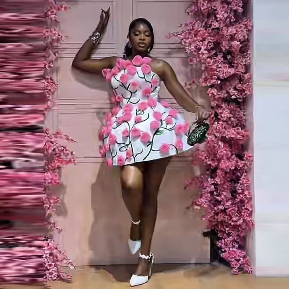 Cute Aso Ebi Short Cocktail Party Dress Strapless 3D Flower Sequins Beads Birthday Dress Customized for African Girls' Ball Gown image 4