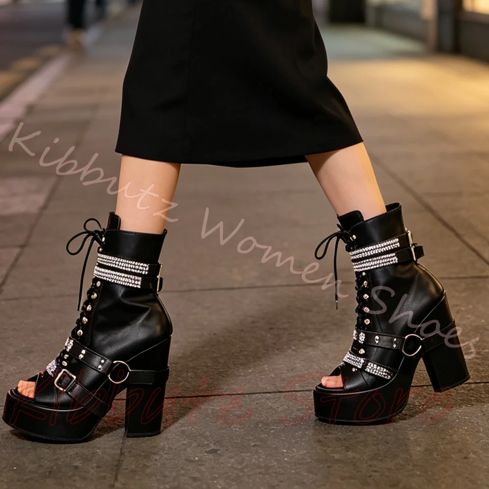 Multi Buckle Platform Ankle Boots Rhinestone Glossy Block Heel Women Punk Fashion Lace Up Studded Leather Solid Color Shoes New
