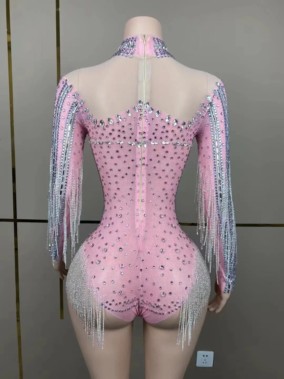 Women Sexy Sparkly Rhinestones Chain Long Sleeve Bodysuit Mesh Performance Dance Costume Singer Dancer Pink Photo Shoot Wear