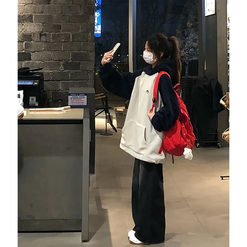 레트로 아메리칸 컬러 블로 후디 여성용 봄 가을 오버사이즈 커플 트렌디 숄더 스웨트 인서트 디자인