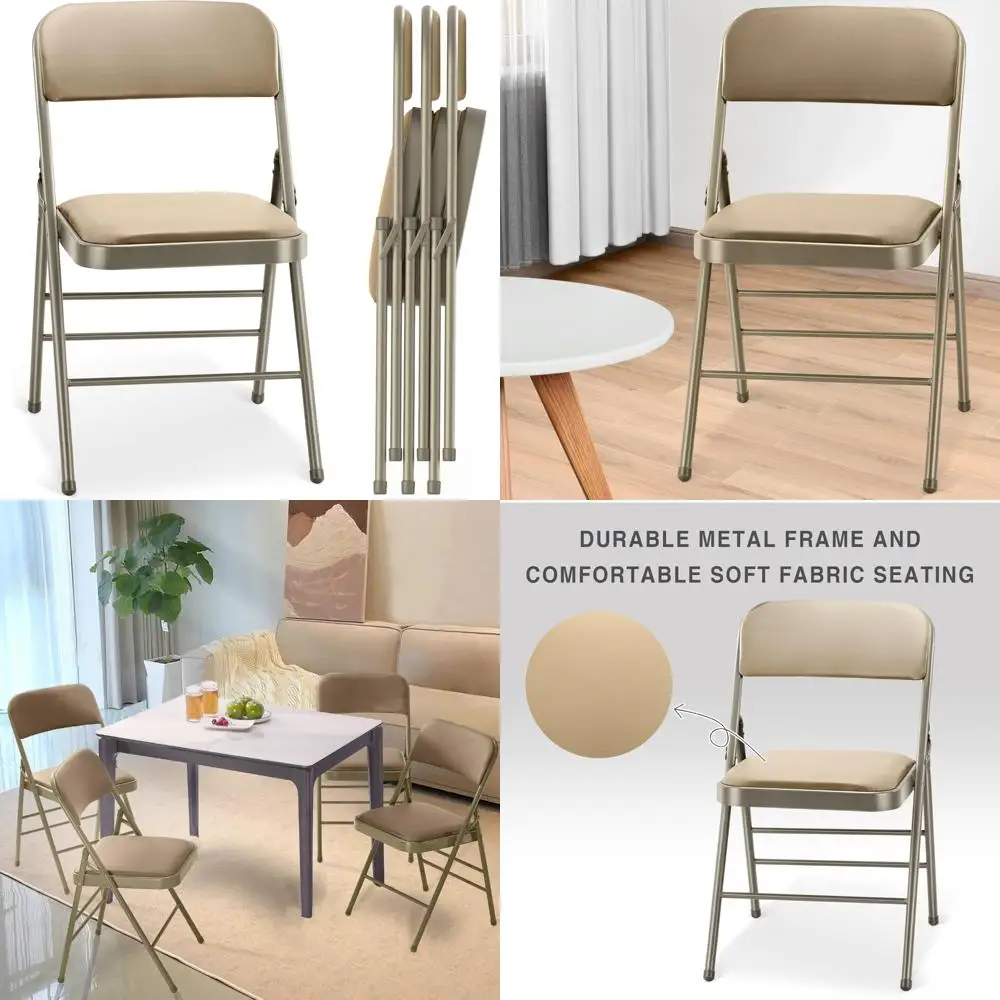 

Набор из 4 складных стульев с подушками из полиуретана и спинками, металл коммерческого класса, удобная искусственная кожа