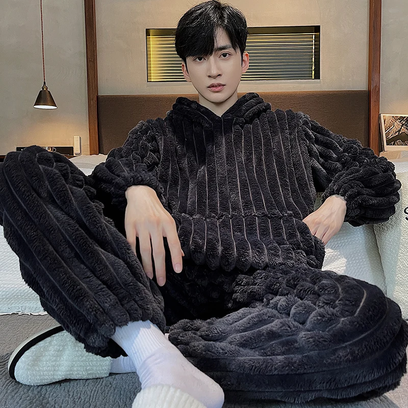 Korean Fashion Winter Flannel Warm Nightwear for Men Hooded Sleepwear 2Pcs/set Sleeping Top Pant Homewear Young Boy Pjs Pyjamas