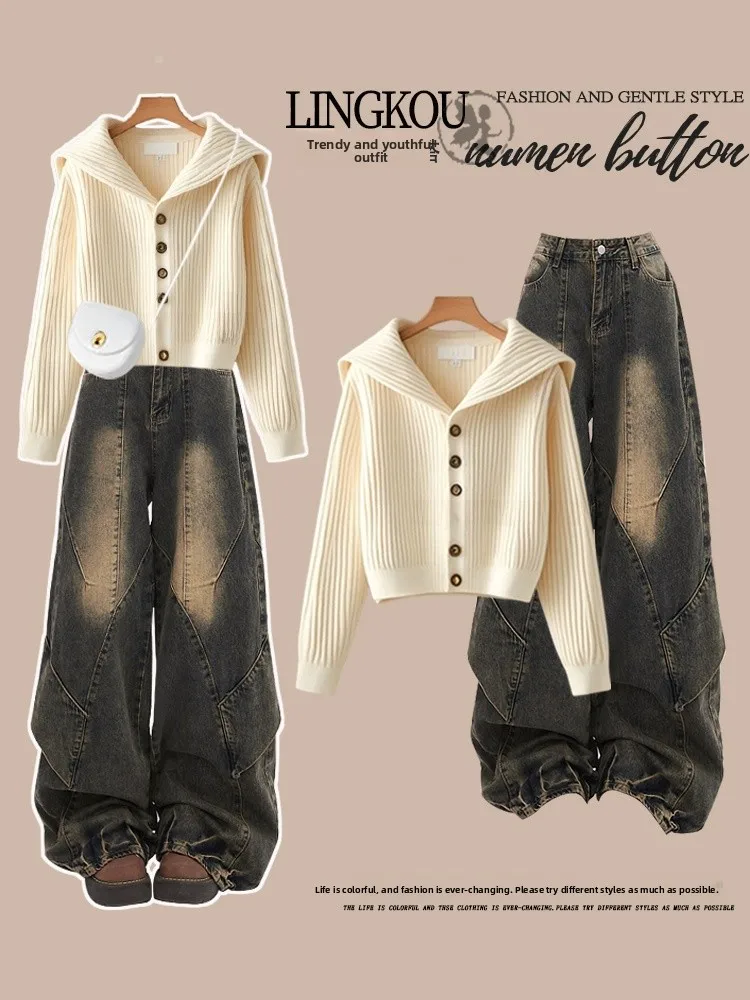 

Elegant Autumn Knitted Sweater And High Waist Jeans Two-Piece Set for Women High Quality plus Size Anti-Aging Fashionable