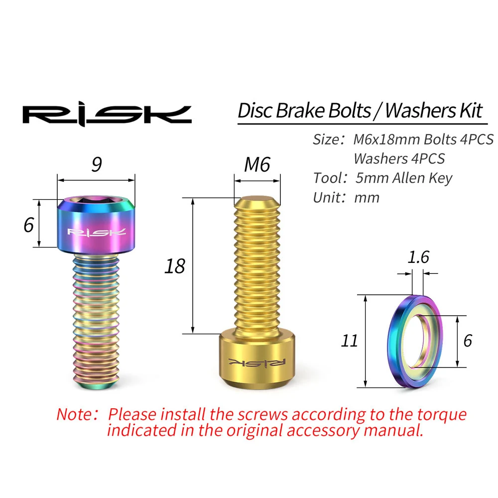 Risk M6 Bike Disc Brake Clamp Seat Fixing Bolts with Grooved Gaskets Titanium Bicycle Screw MTB Road Brake Fixed Bolt Spacer