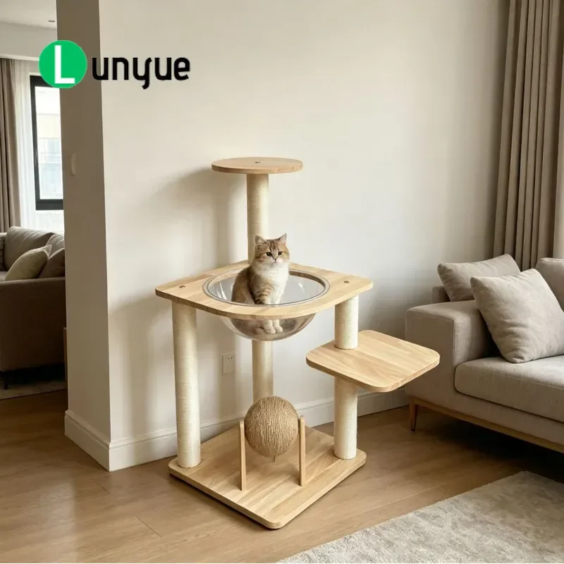 Large Wooden Cat Tree with Scratching Posts and House Capsule Space Saving Climbing Frame for Indoor Cats Wholesale
