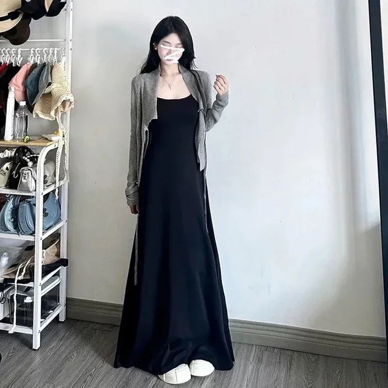 Black Strappy Dress Cardigan 2 Piece Set Women Sexy Backless Skinny Draped Dress Gray Lace Up Long Sleeve Sunproof Cardigan