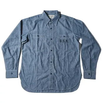 Bronson Repro USN Chambray 작업 셔츠, 견고한 남성용 셀프 에지 작업복 연청