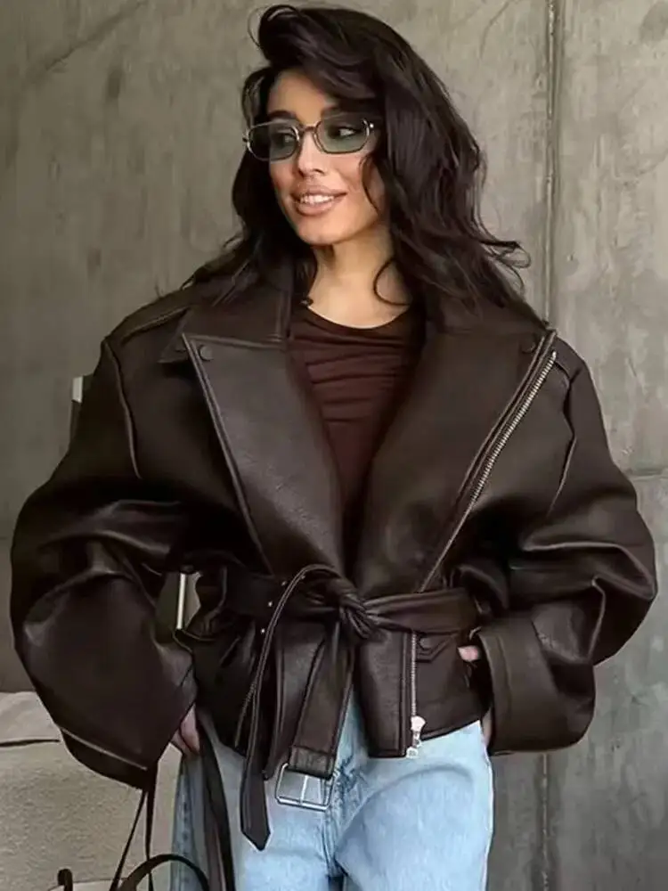 

Winter Jackets Solid Turn-Down Collar Pocket Women Fashion Long Sleeves Short Loose Leather Belt Warm Coats Trendy