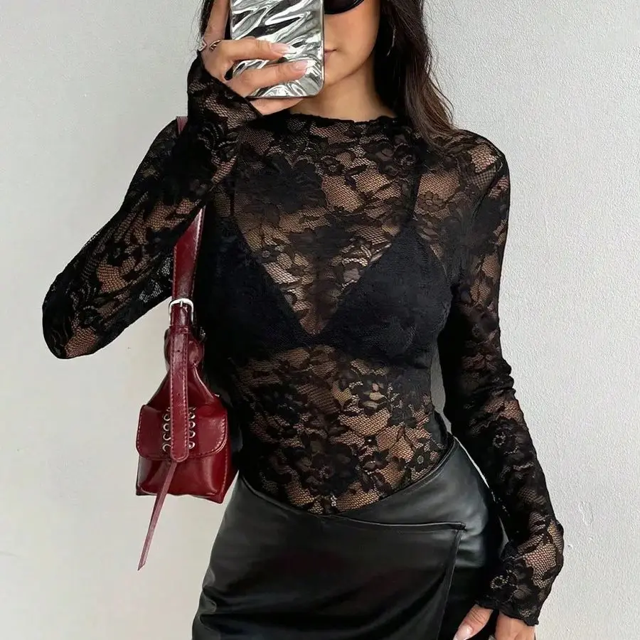 

Сексуальный кружевной топ с длинными рукавами и вышивкой розы, женский модный повседневный полупрозрачный облегающий топ, осень 2025 г.