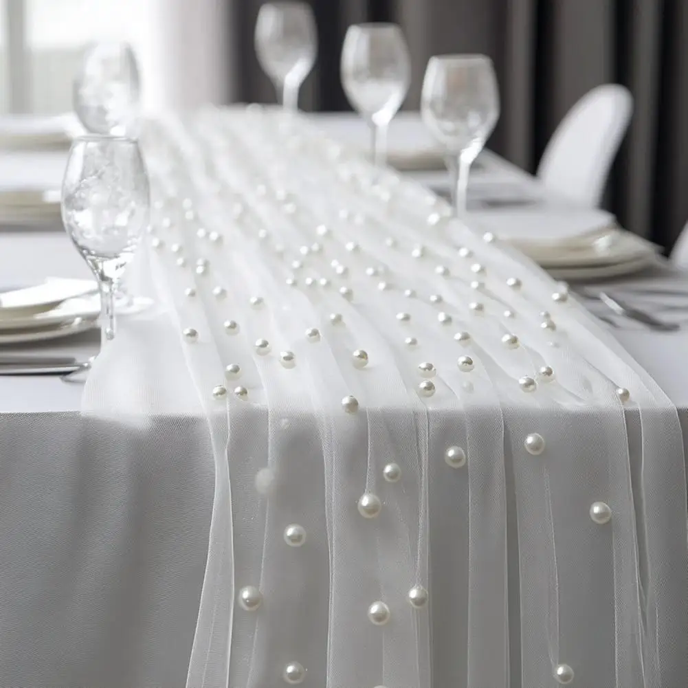 Pearl Embellished Tulle Table Runner – Elegant Wedding & Party Decor for Outdoor, Home & Festival Banquet Tables