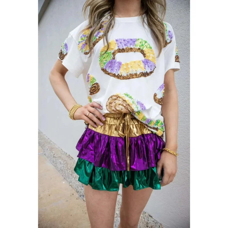 Mardi Gras Mini Shorts Skirt Colorblock Layered Clothing Women Fashion Ladies High Street Tri Color Spliced Sequined V-neck Tops