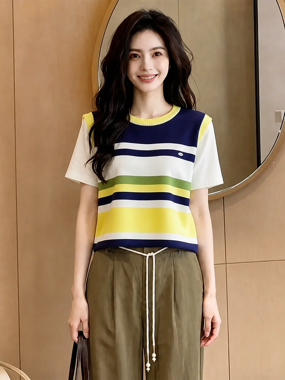 Korean Loose Color Block Striped Fake Two-Piece Knitwear Summer Beautiful Soft Fashion Anti-Aging Women's Top Casual Style