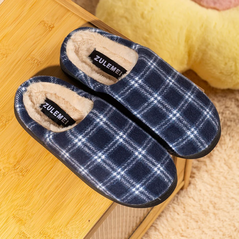 New Men\'s Striped Warm House Fleece Cozy Non-slip Plaid Cotton Mops Couples Slippers Winter Soft Indoor Bedroom Couples Shoes