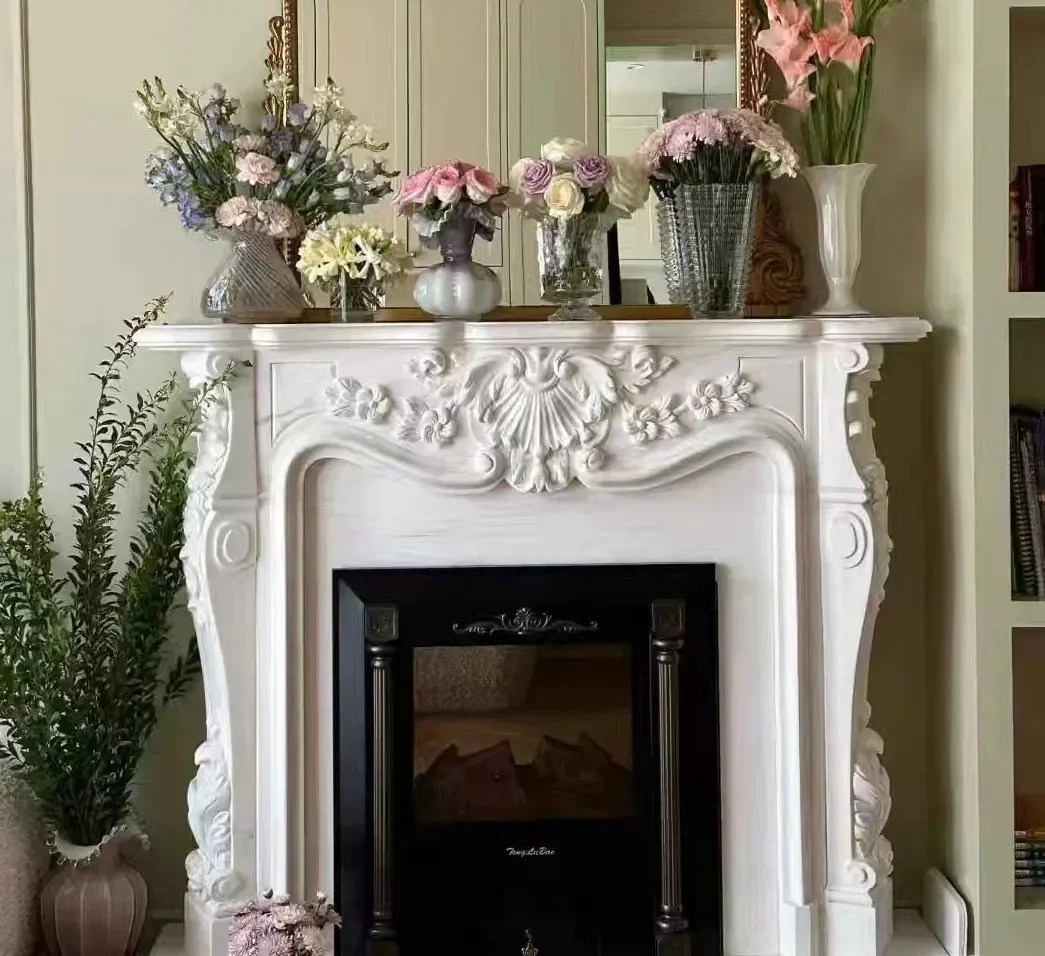 Marble fireplace stone carving French carved white jade simple American home decoration mantelpiece stone fireplace