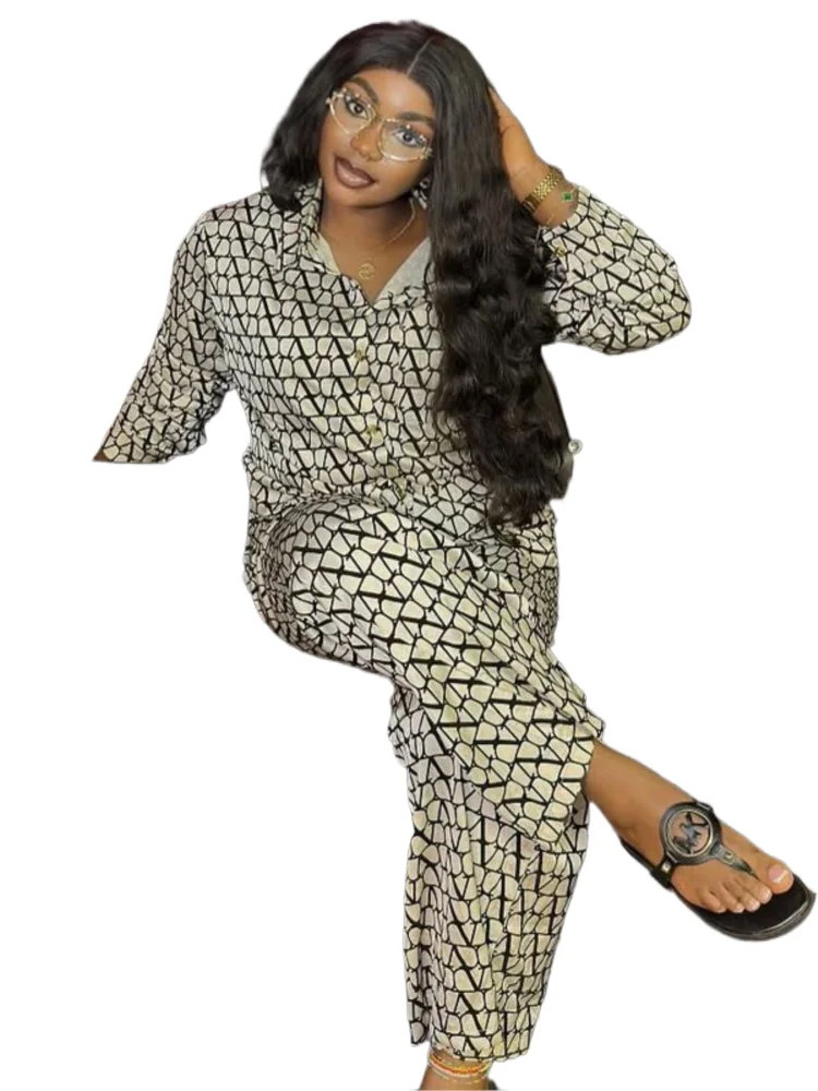 

Autumn Fashion Set Woman 2 Piece Printing Long Sleeves Lapel Shirt High Waist Loose Wide Leg Pants 2025 Pant Sets Female Outfit