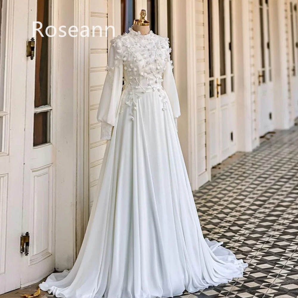 

Muslim Ivory A-line High Collar Wedding Dresses Draped Pleat Flowers Applique Brush Train Bride Gown Floor Length robe de mariée