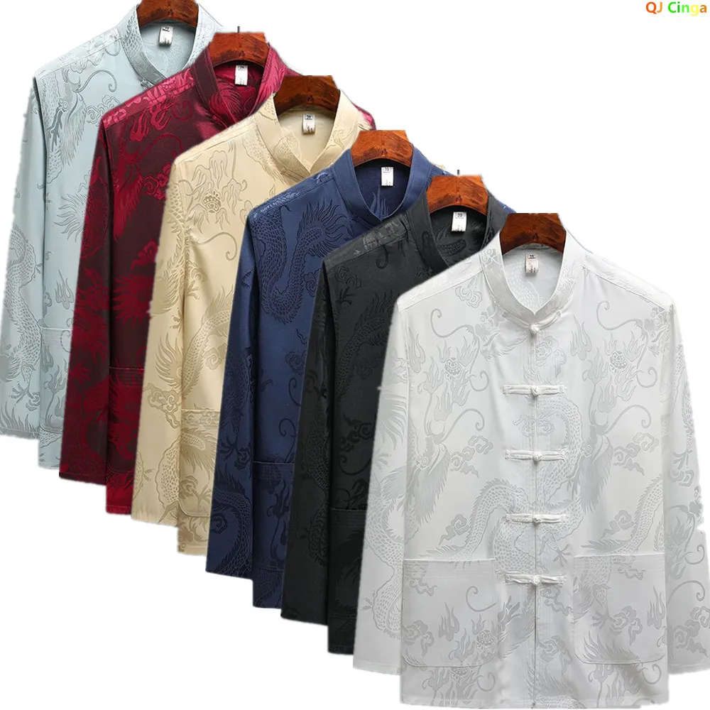 Chinesischer Herren-Langarmhemd im traditionellen Stil; Weiß, einreihig, Stehkragen, Kurzarmhemden mit chinesischem Drachen-Design.