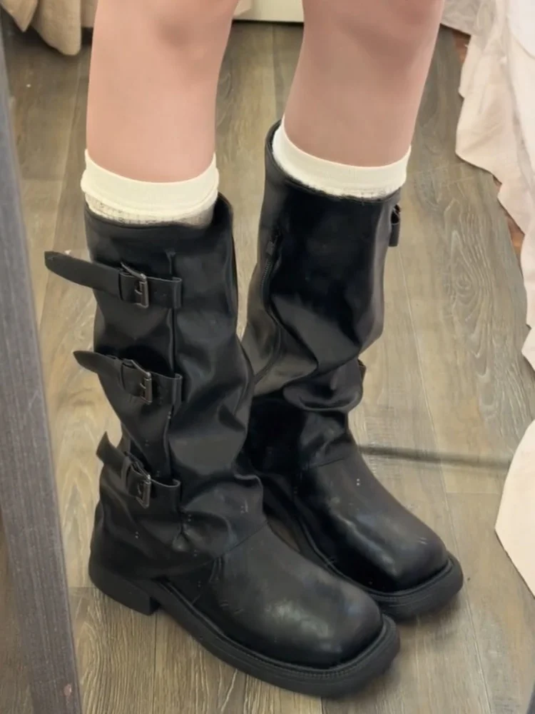 

Faionable Knight Sle Women's Boots with Belt Bule Heightening Thi Bot All-Match Slimming High-Tube PU Material